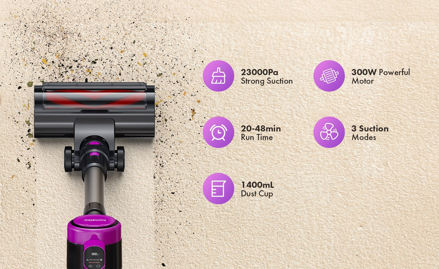 Homeika Cordless Vacuum Cleaner,23KPa 48mins Powerful Suction Vacuum LED Display,Lightweight Stick for HardFloor/Carpet/Pet Hair