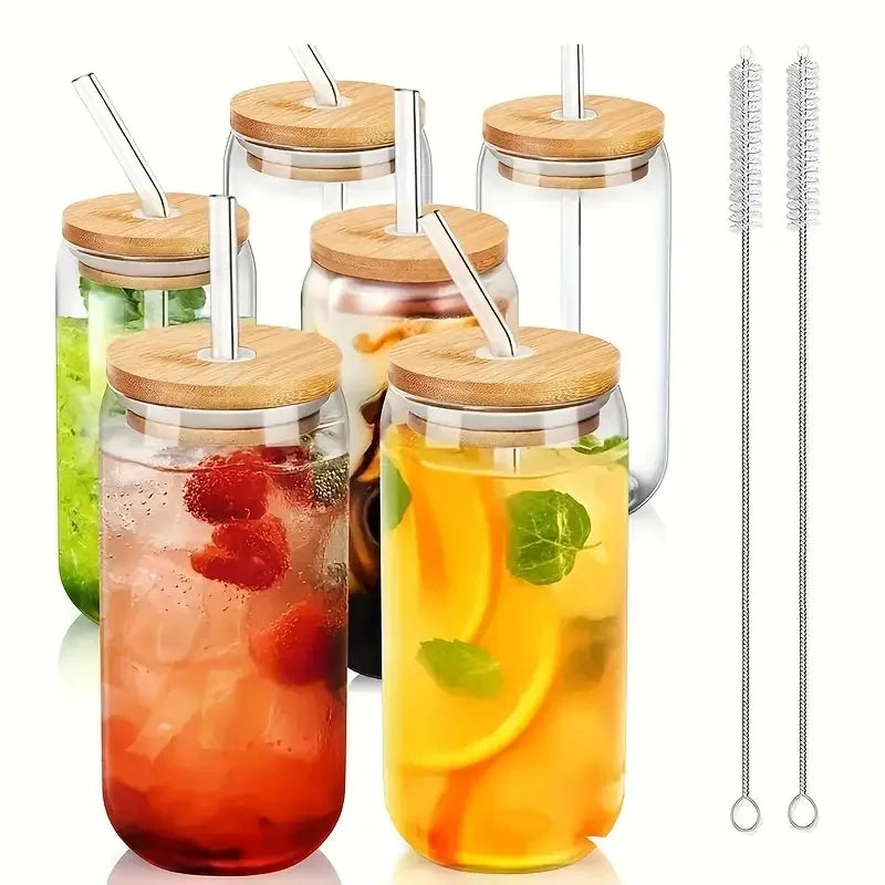 4/6 pieces, glass cup, 17.8 oz/550 ml glass with lid and straw, Mason jar water cup, iced coffee cup, glass cup with bamboo lid,