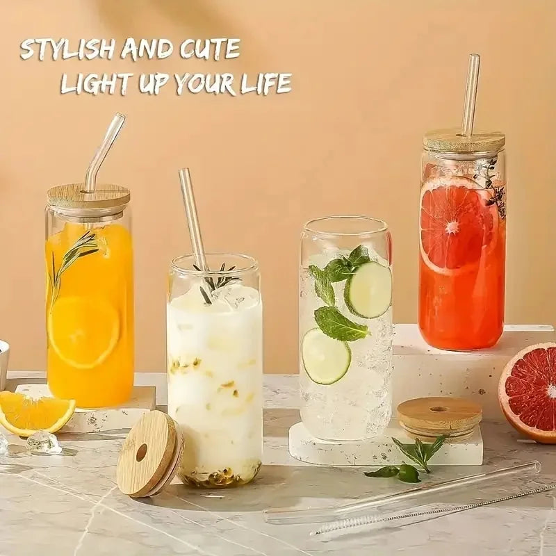4/6 pieces, glass cup, 17.8 oz/550 ml glass with lid and straw, Mason jar water cup, iced coffee cup, glass cup with bamboo lid,