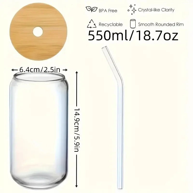 4/6 pieces, glass cup, 17.8 oz/550 ml glass with lid and straw, Mason jar water cup, iced coffee cup, glass cup with bamboo lid,