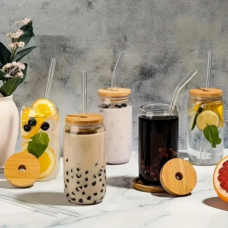 4/6 pieces, glass cup, 17.8 oz/550 ml glass with lid and straw, Mason jar water cup, iced coffee cup, glass cup with bamboo lid,