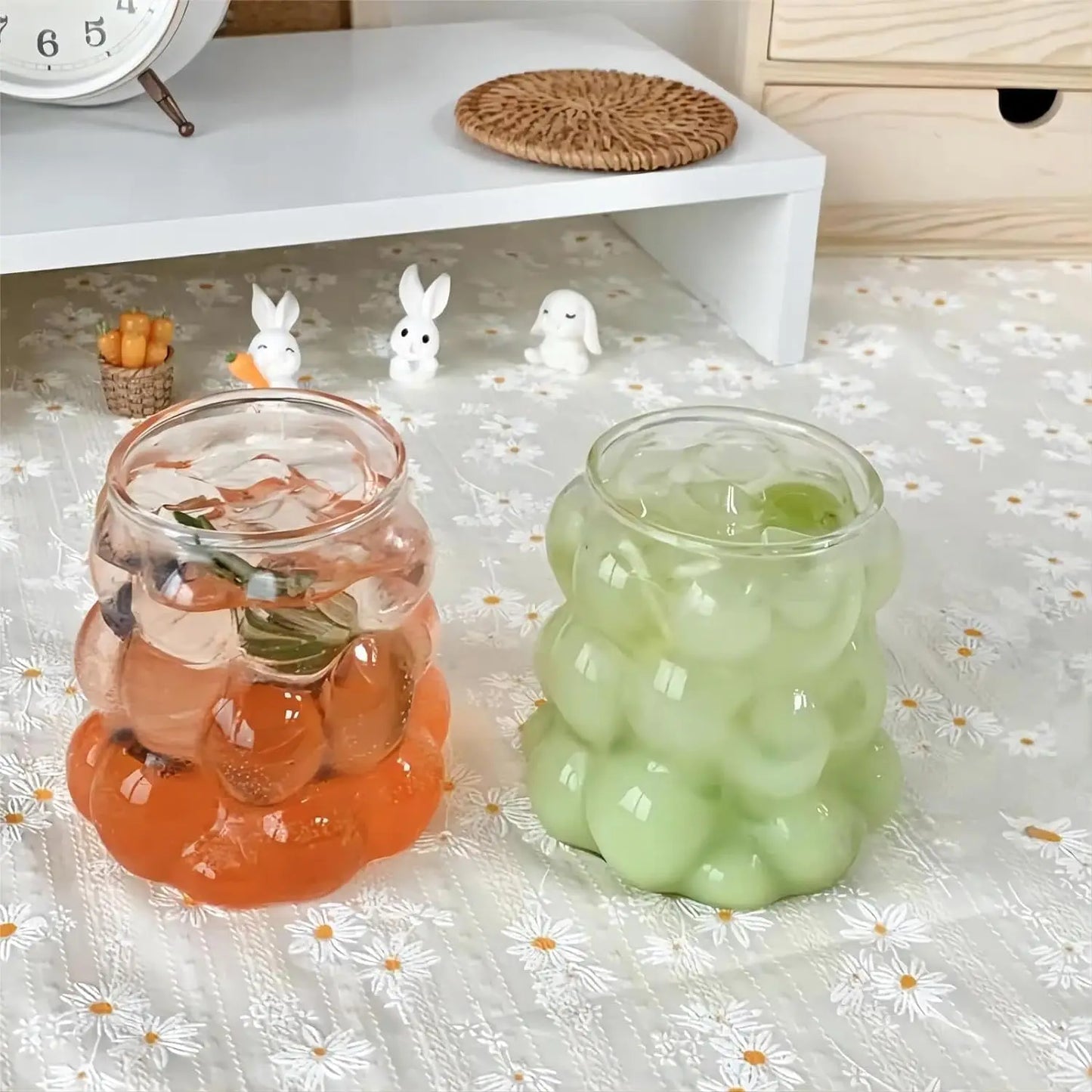 4 creative 350ml/11.8oz glass cups, cute cocktail cup set, iced coffee cup, short aesthetic beverage set, kitchen dining table