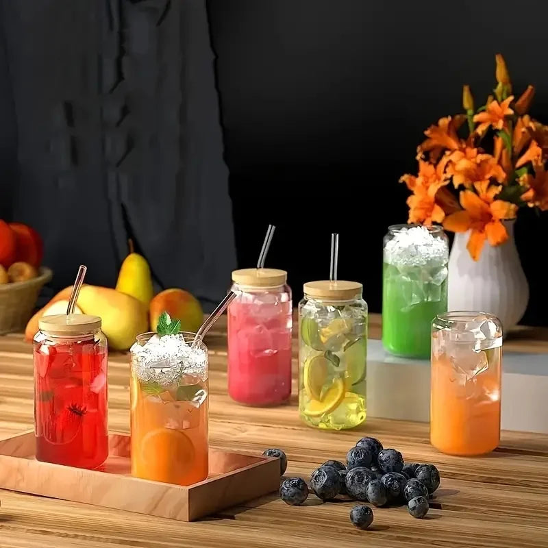 4/6 pieces, glass cup, 17.8 oz/550 ml glass with lid and straw, Mason jar water cup, iced coffee cup, glass cup with bamboo lid,