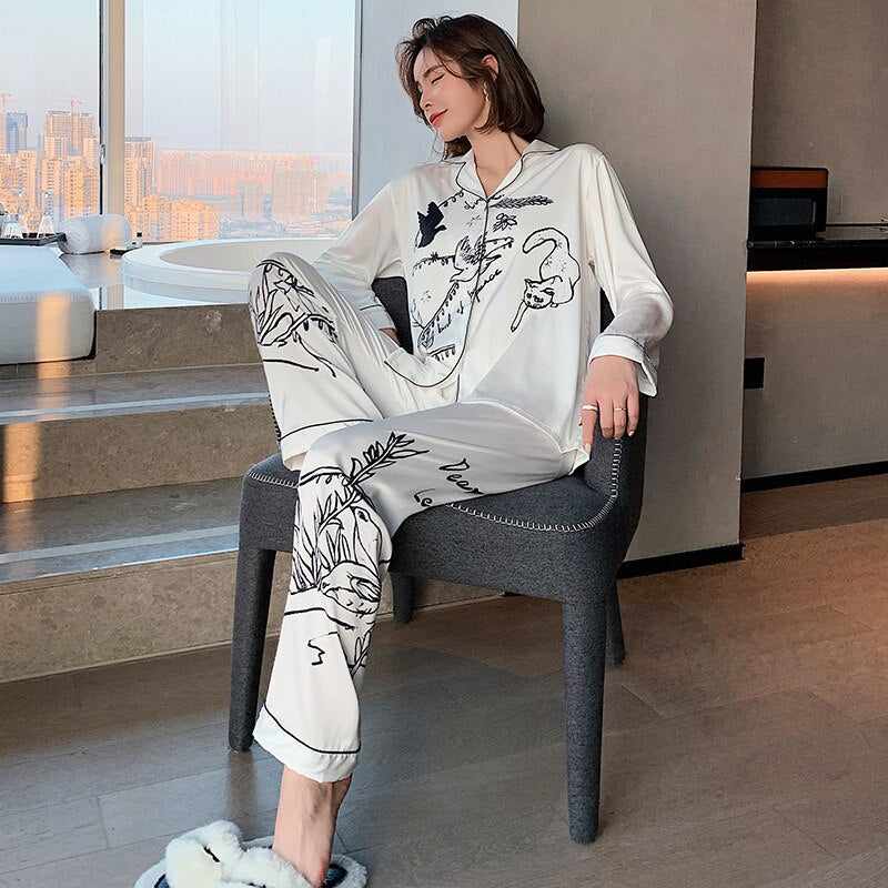 QSROCIO Women's Pajamas Set Luxury Style Fashion Natural Animal Graffiti Sleepwear Silk Like Leisure Home Clothes Nightwear
