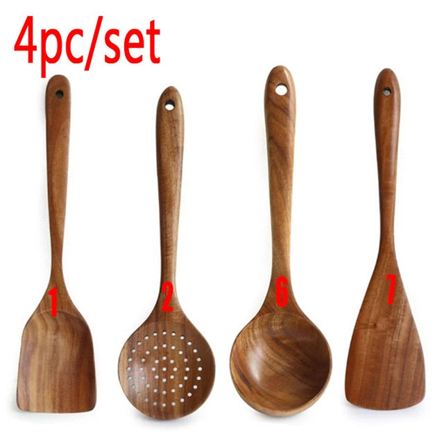 1-7pcs/set Teak natural wood tableware spoons
