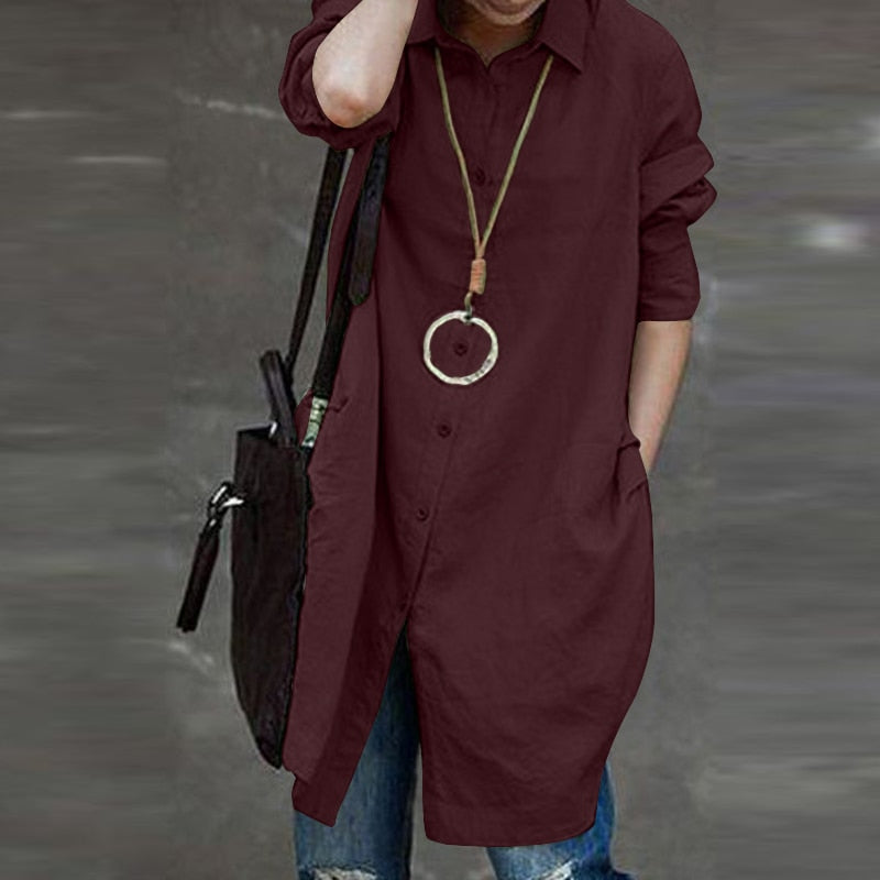 Women's Irregular Blouse ZANZEA 2023 Fashion Solid Shirts Casual Long Sleeve Blusas Female Button Pleated Tunic Tops Oversized