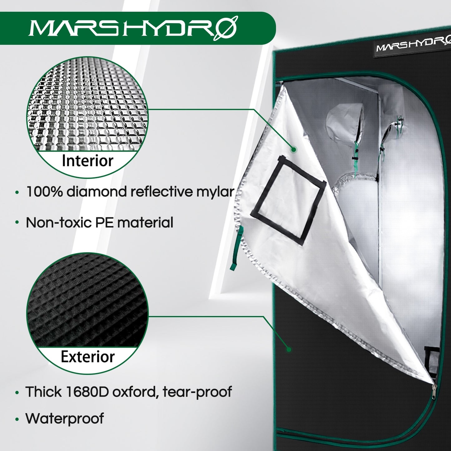 Mars Hydro Reflective Mylar Grow Tent 1680D 100x100x180cm Growing Tent for Plants, Grow Kit (39''x39''x70'')
