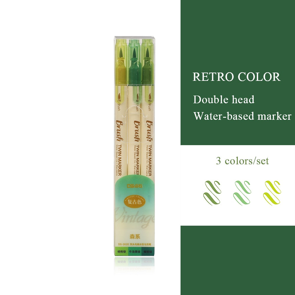 JIANWU 3pcs/set Retro Double Headed Brush Pen Creative Art Marker Pen for Drawing Painting Watercolor School Supplies Stationery