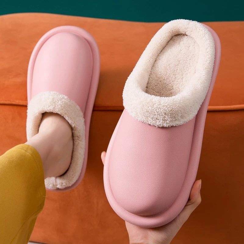 Waterproof Indoor Slippers Women Men Winter Home Floor Shoes Warm Plush Removable Insole Lovers Kitchen Working Slipper SH472