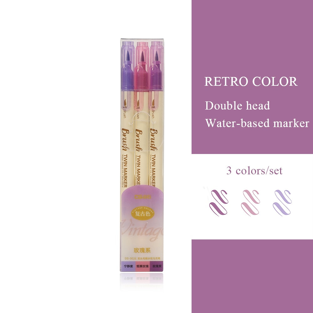JIANWU 3pcs/set Retro Double Headed Brush Pen Creative Art Marker Pen for Drawing Painting Watercolor School Supplies Stationery