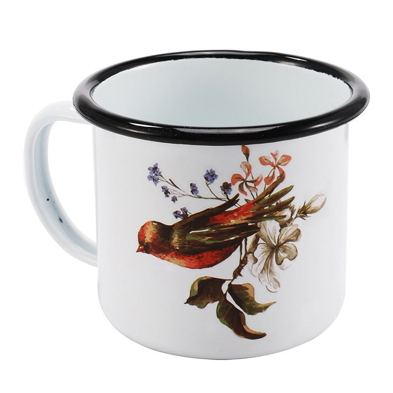 Free Shipping 350ml Enamel Coffee Mug Creative Animal Plant Breakfast Cup Black Roll Rim with Handgrip Milk Tea Cup