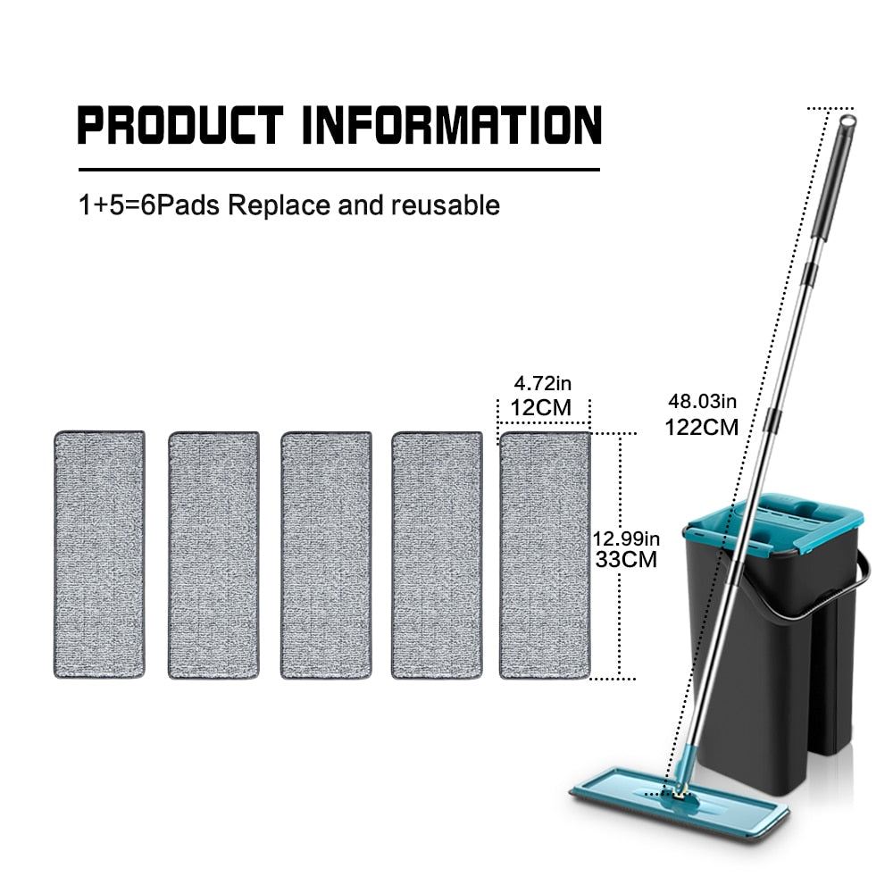 Squeeze Mop With Bucket Head 360 Rotating Flat Mop With Microfiber Pads Hand-free Wash Floor Mop Wet And Dry Home Cleaning Tool