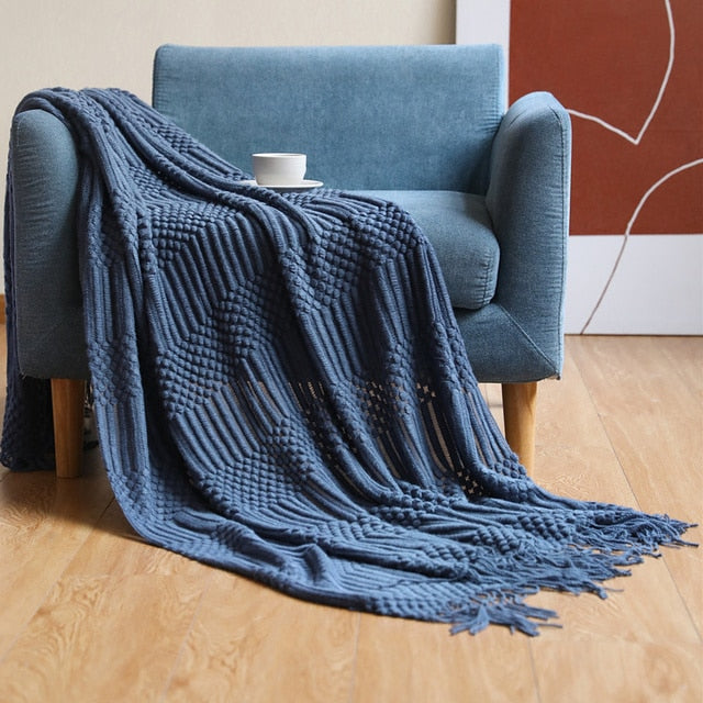 3D Knitted Blanket With Tassel Solid Color Sofa Blanket Cover Nordic Home Decor Throw Blanket For Bed Portable Breathable Shawl