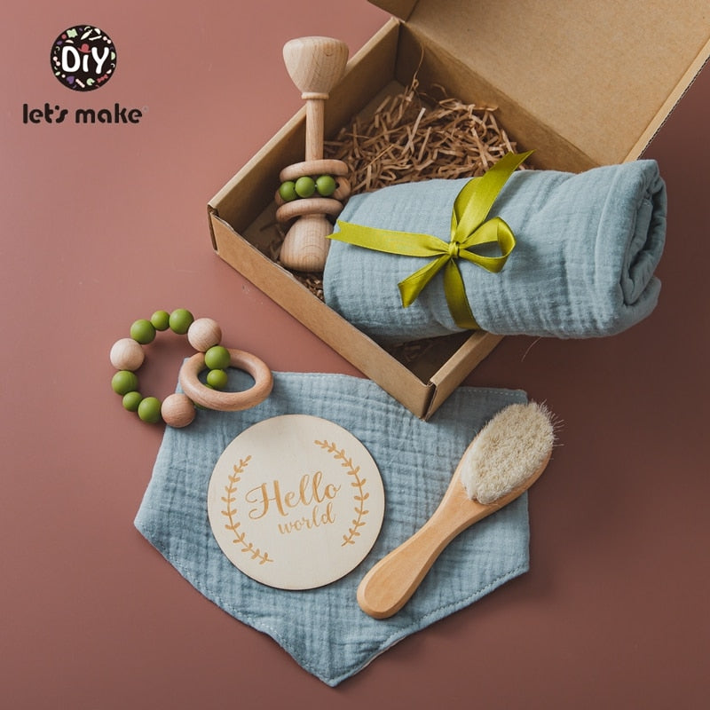 Let's Make 1set Baby Stuff Bath Towel Cotton Blanket Brush Gift Products For Kids Toy Crochet Rattle Box Christmas Present Gift