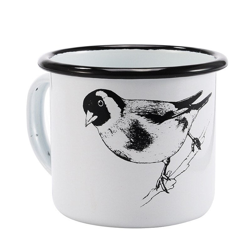 Free Shipping 350ml Enamel Coffee Mug Creative Animal Plant Breakfast Cup Black Roll Rim with Handgrip Milk Tea Cup