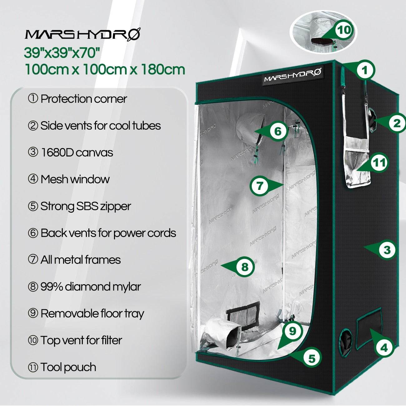 Mars Hydro Reflective Mylar Grow Tent 1680D 100x100x180cm Growing Tent for Plants, Grow Kit (39''x39''x70'')