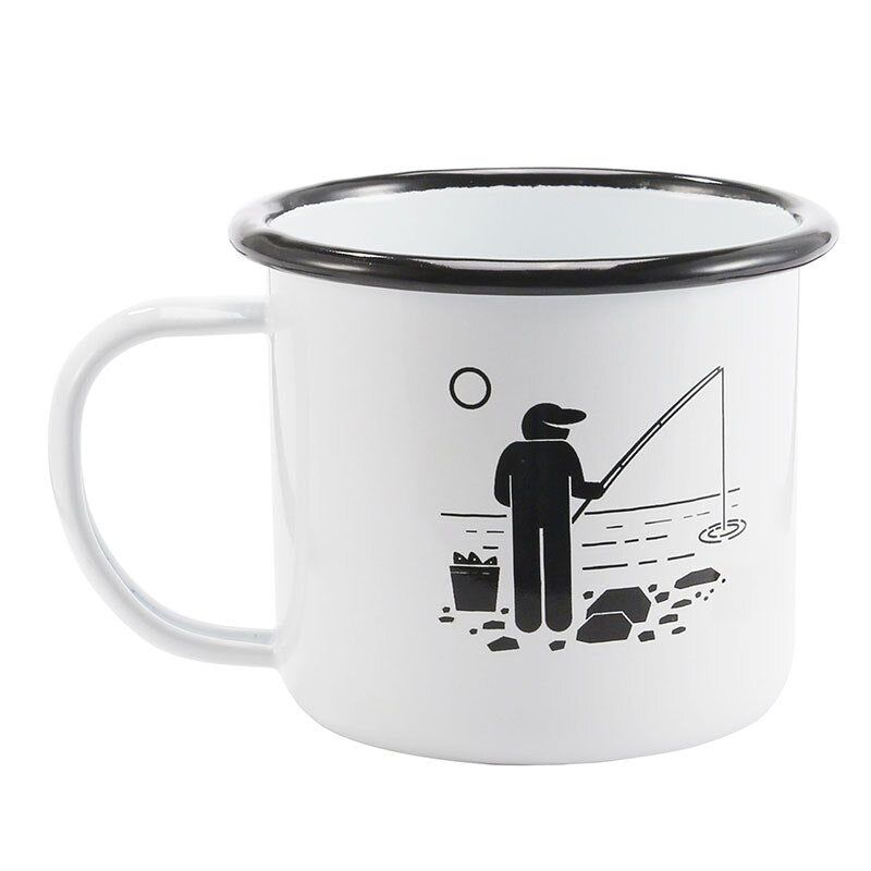 Free Shipping 350ml Enamel Coffee Mug Creative Animal Plant Breakfast Cup Black Roll Rim with Handgrip Milk Tea Cup