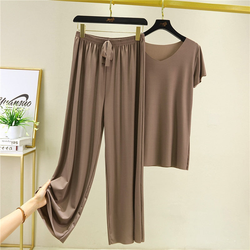 Pliktea Summer Loose Homewear Suit for Women Pajamas Pants Set Female Home Clothes Set Lady Home Suit Summer Women Lounge Wear