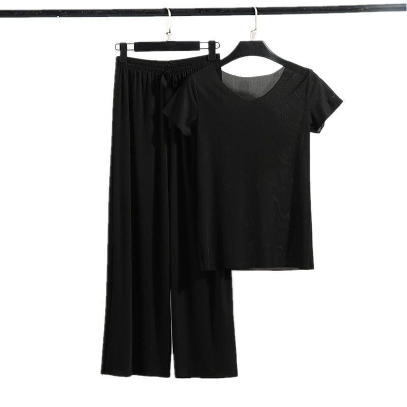 Pliktea Summer Loose Homewear Suit for Women Pajamas Pants Set Female Home Clothes Set Lady Home Suit Summer Women Lounge Wear