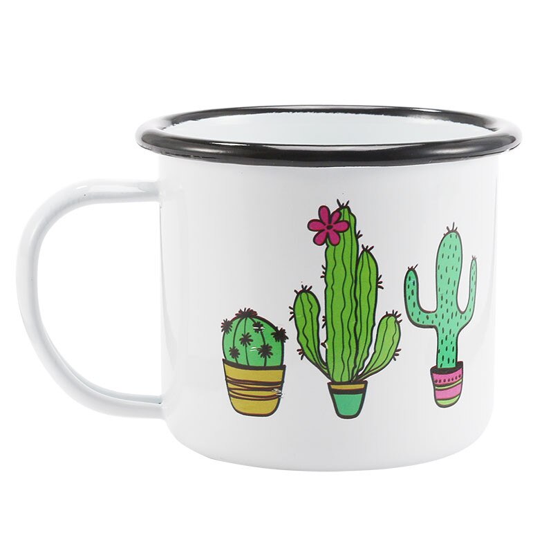 Free Shipping 350ml Enamel Coffee Mug Creative Animal Plant Breakfast Cup Black Roll Rim with Handgrip Milk Tea Cup