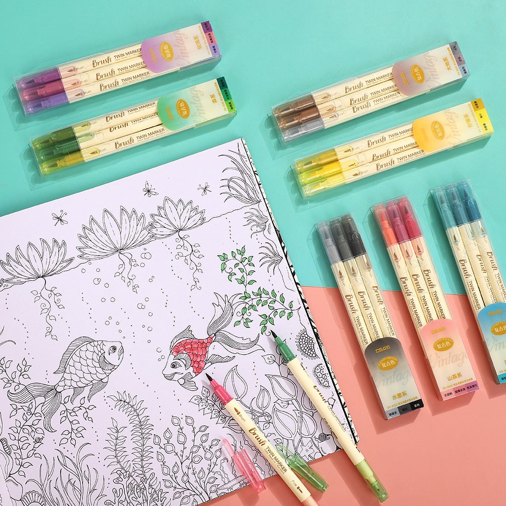 JIANWU 3pcs/set Retro Double Headed Brush Pen Creative Art Marker Pen for Drawing Painting Watercolor School Supplies Stationery