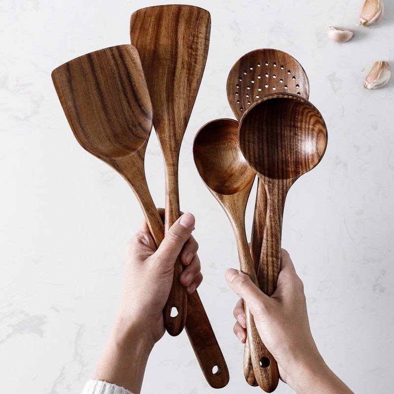 1-7pcs/set Teak natural wood tableware spoons