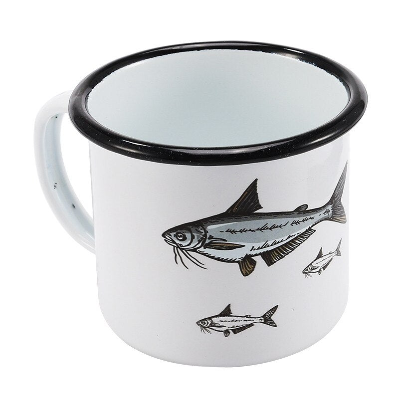 Free Shipping 350ml Enamel Coffee Mug Creative Animal Plant Breakfast Cup Black Roll Rim with Handgrip Milk Tea Cup