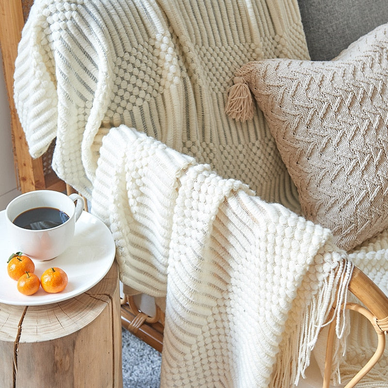 3D Knitted Blanket With Tassel Solid Color Sofa Blanket Cover Nordic Home Decor Throw Blanket For Bed Portable Breathable Shawl