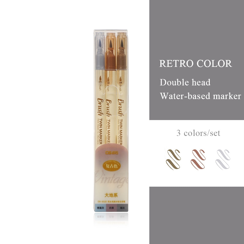 JIANWU 3pcs/set Retro Double Headed Brush Pen Creative Art Marker Pen for Drawing Painting Watercolor School Supplies Stationery