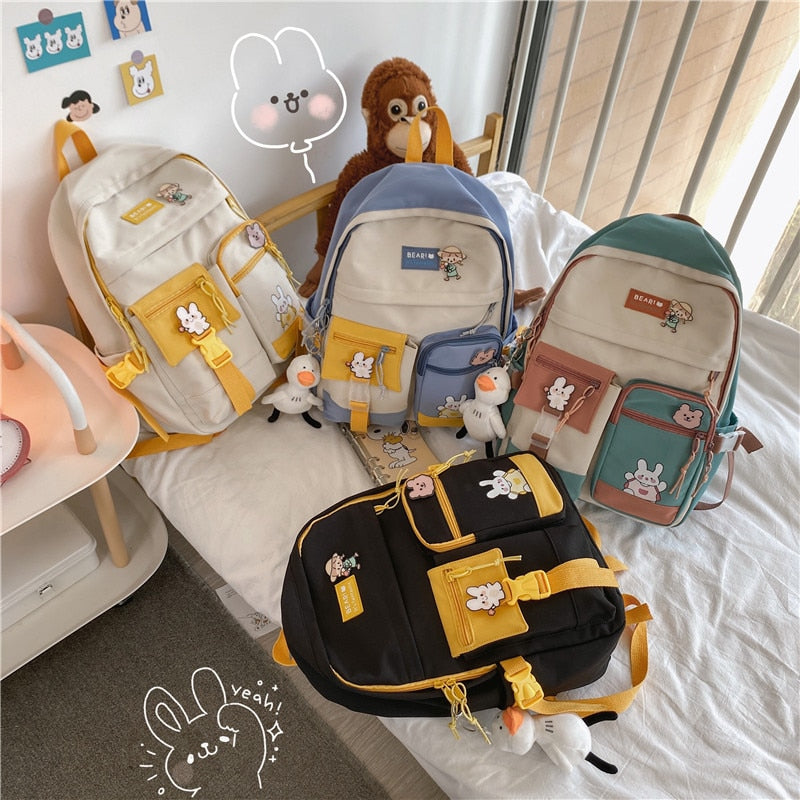 2021 New Badge Buckle Backpack Women Waterproof Color Patchwork Backpacks For Teenage Girl School Bag Fancy Student Book Bag