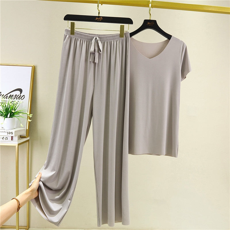 Pliktea Summer Loose Homewear Suit for Women Pajamas Pants Set Female Home Clothes Set Lady Home Suit Summer Women Lounge Wear