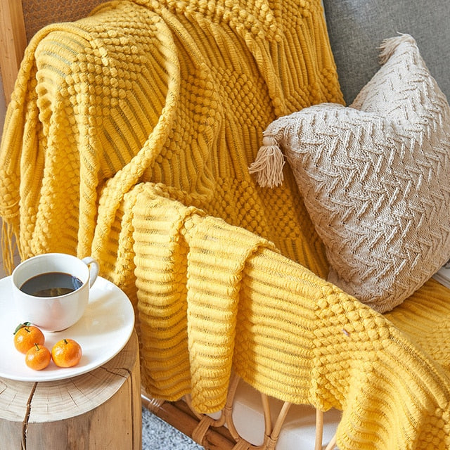 3D Knitted Blanket With Tassel Solid Color Sofa Blanket Cover Nordic Home Decor Throw Blanket For Bed Portable Breathable Shawl