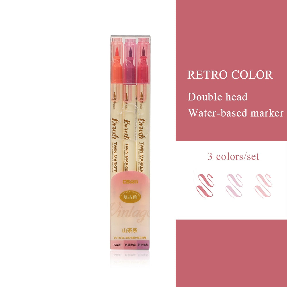 JIANWU 3pcs/set Retro Double Headed Brush Pen Creative Art Marker Pen for Drawing Painting Watercolor School Supplies Stationery