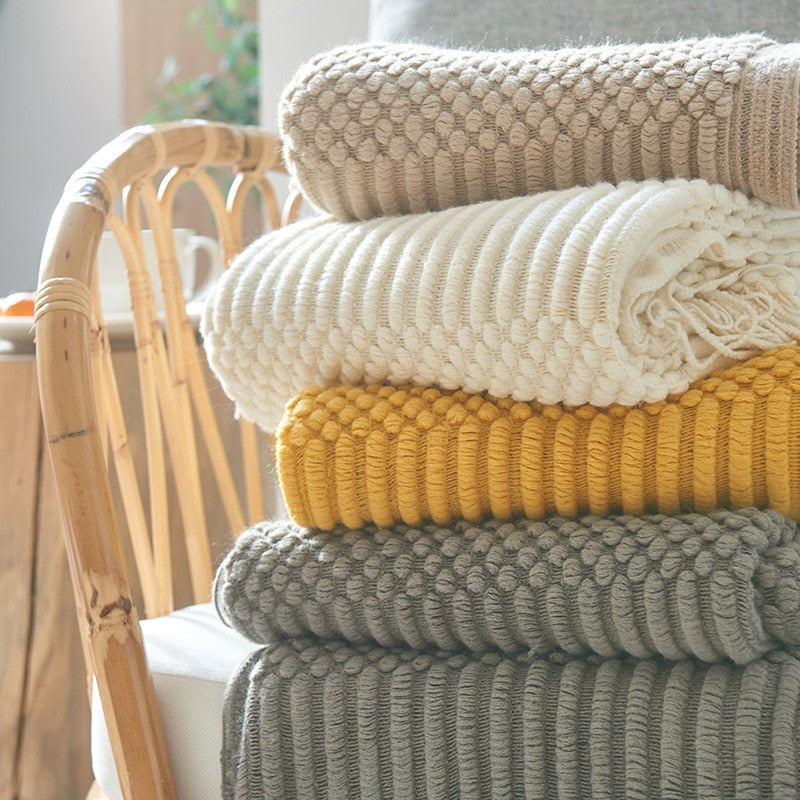 3D Knitted Blanket With Tassel Solid Color Sofa Blanket Cover Nordic Home Decor Throw Blanket For Bed Portable Breathable Shawl