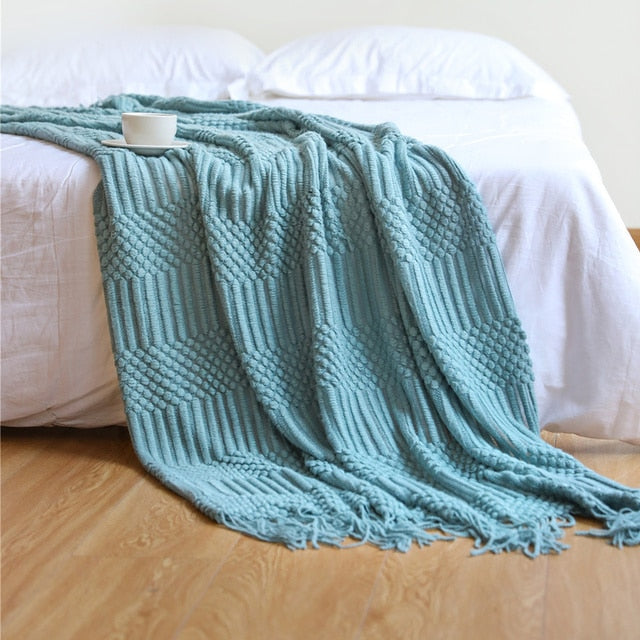 3D Knitted Blanket With Tassel Solid Color Sofa Blanket Cover Nordic Home Decor Throw Blanket For Bed Portable Breathable Shawl