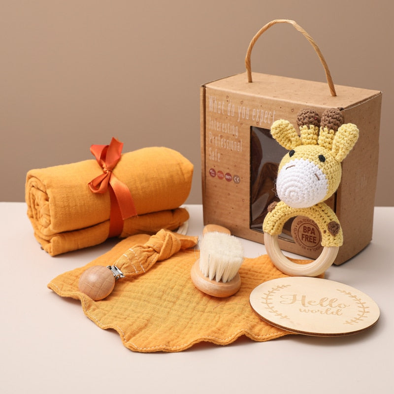 Let's Make 1set Baby Stuff Bath Towel Cotton Blanket Brush Gift Products For Kids Toy Crochet Rattle Box Christmas Present Gift