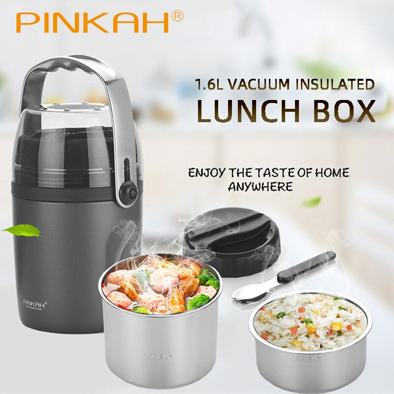 New Pinkah 1.6L Large Capacity 3-Layer Vacuum Insulated Bento Box Household Food Insulation Tank 304 Stainless Steel Lunch Box