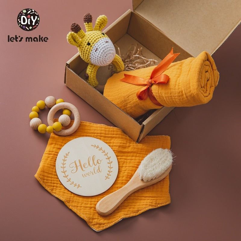 Let's Make 1set Baby Stuff Bath Towel Cotton Blanket Brush Gift Products For Kids Toy Crochet Rattle Box Christmas Present Gift