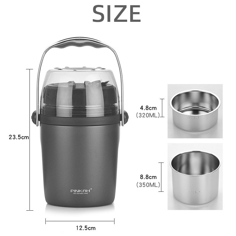 New Pinkah 1.6L Large Capacity 3-Layer Vacuum Insulated Bento Box Household Food Insulation Tank 304 Stainless Steel Lunch Box