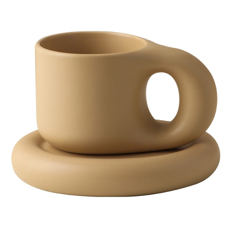 300ml Creative Handmade Fat Handle Mug and Oval Plate Personalized Ceramic Cup Saucer