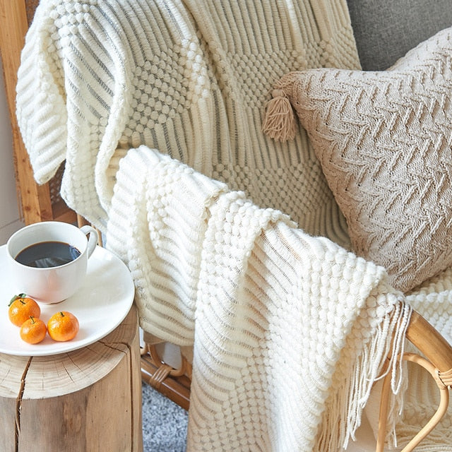 3D Knitted Blanket With Tassel Solid Color Sofa Blanket Cover Nordic Home Decor Throw Blanket For Bed Portable Breathable Shawl