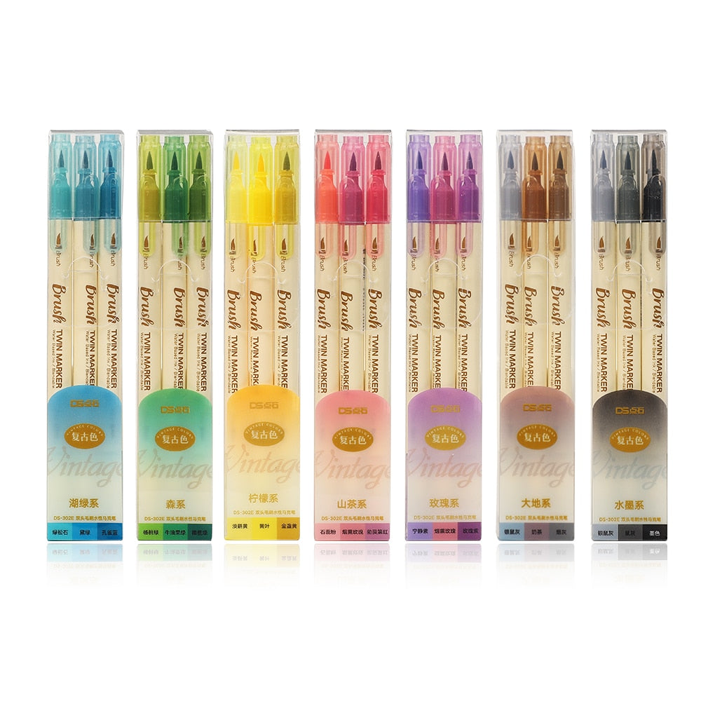JIANWU 3pcs/set Retro Double Headed Brush Pen Creative Art Marker Pen for Drawing Painting Watercolor School Supplies Stationery
