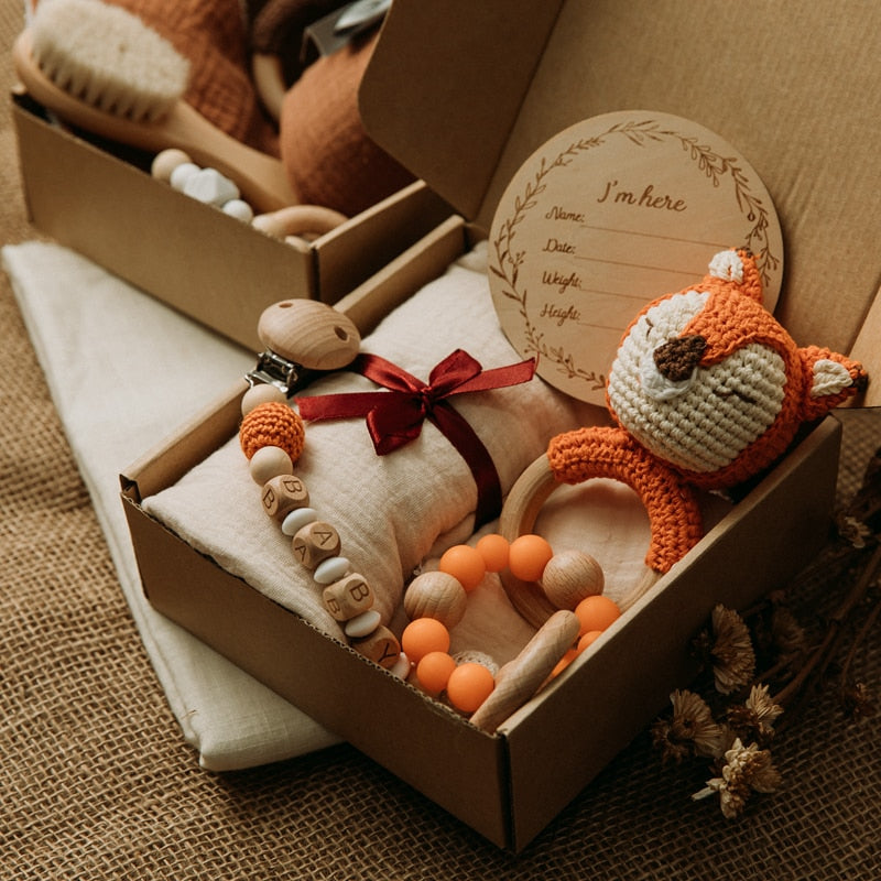 Let's Make 1set Baby Stuff Bath Towel Cotton Blanket Brush Gift Products For Kids Toy Crochet Rattle Box Christmas Present Gift