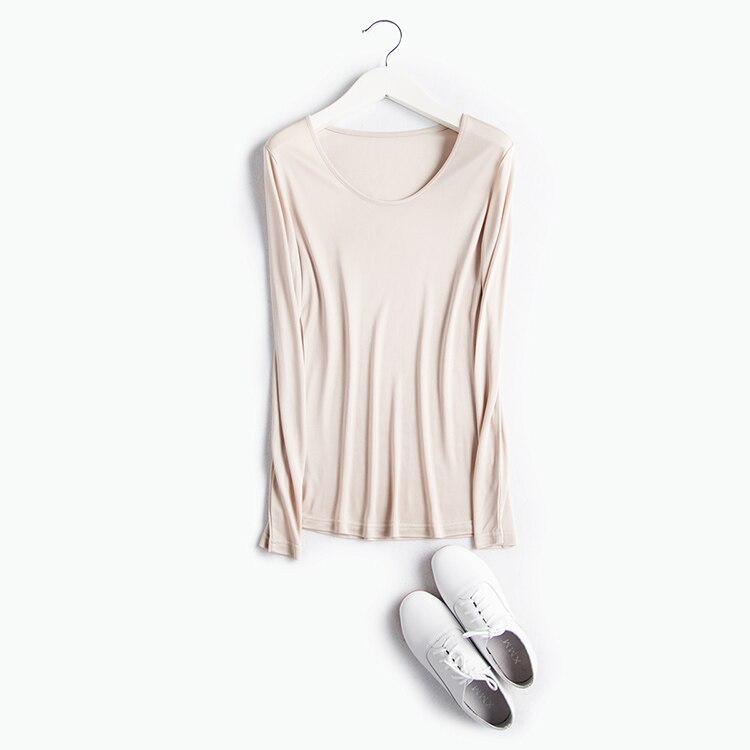 SuyaDream Women Basic Shirt Real Silk T shirts Solid Long sleeved O neck Healthy TOP 2021 Autumn Winter Wine