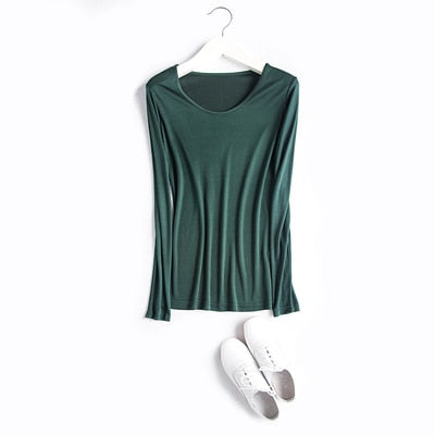SuyaDream Women Basic Shirt Real Silk T shirts Solid Long sleeved O neck Healthy TOP 2021 Autumn Winter Wine