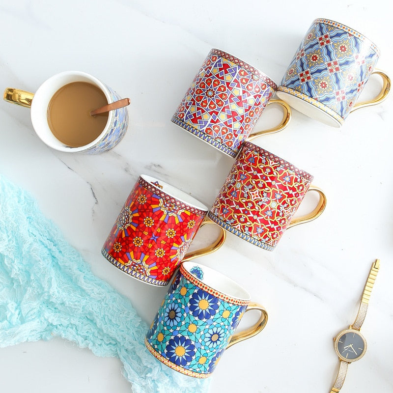 Vintage Texture Coffee Mug with Gold Handle Moroccan Style Ceramic Mugs