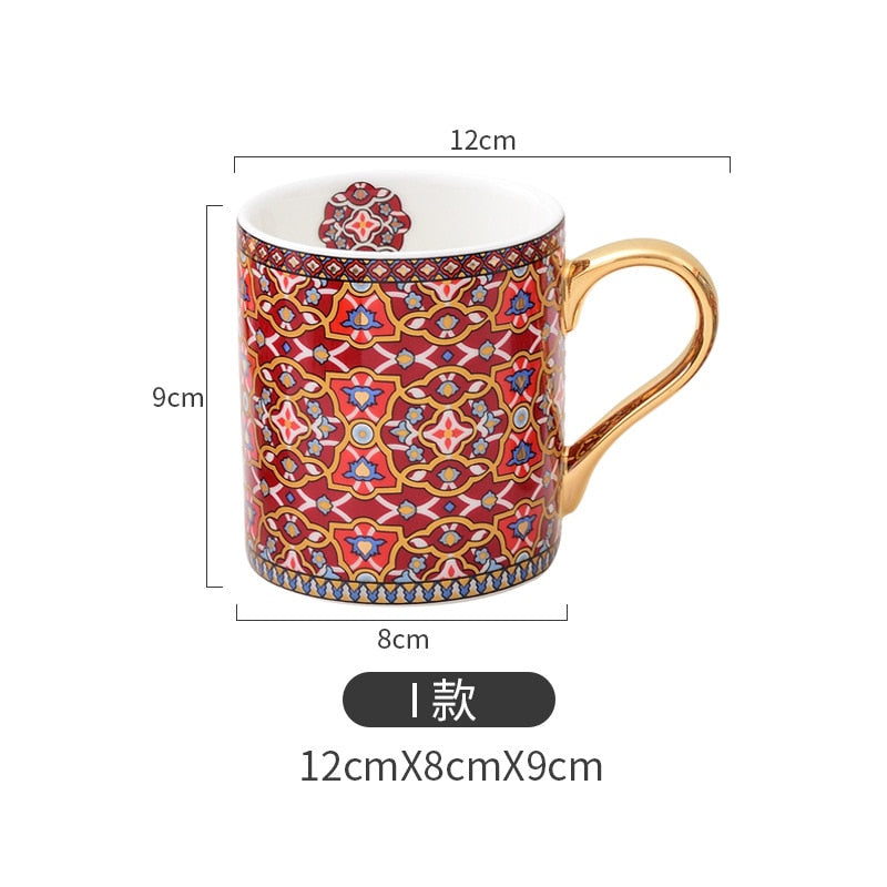 Vintage Texture Coffee Mug with Gold Handle Moroccan Style Ceramic Mugs