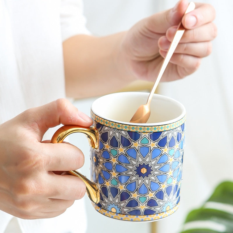 Vintage Texture Coffee Mug with Gold Handle Moroccan Style Ceramic Mugs