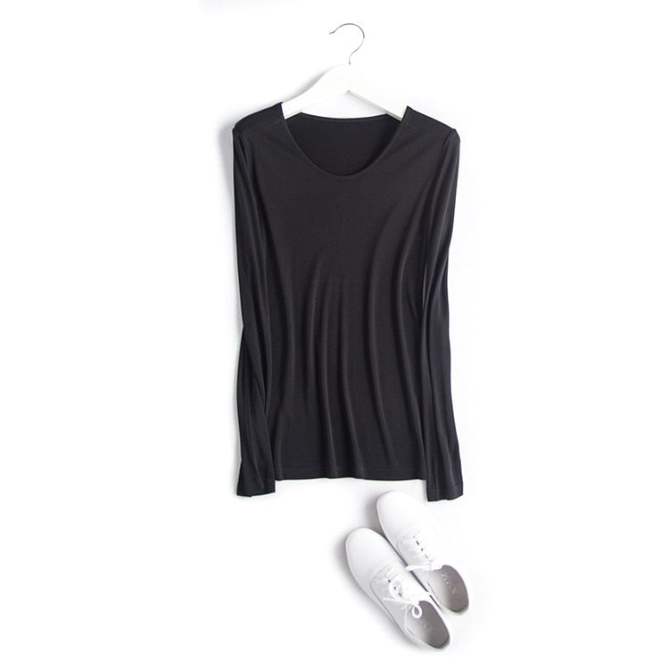 SuyaDream Women Basic Shirt Real Silk T shirts Solid Long sleeved O neck Healthy TOP 2021 Autumn Winter Wine