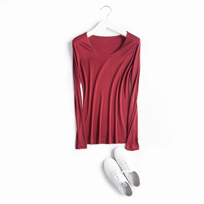 SuyaDream Women Basic Shirt Real Silk T shirts Solid Long sleeved O neck Healthy TOP 2021 Autumn Winter Wine